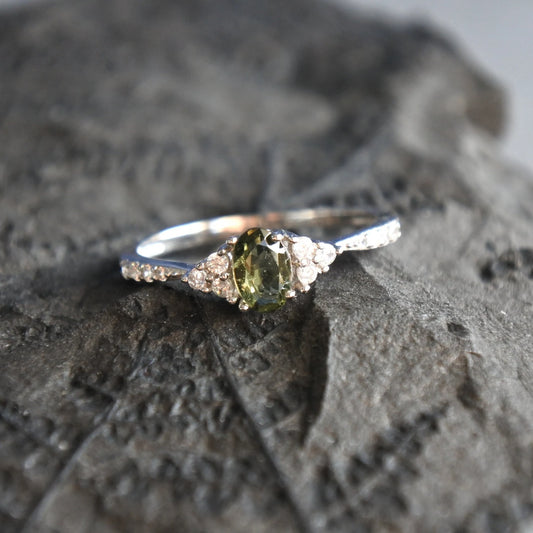 Silver Moldavite Ring 4x6 mm stone, Authentic Moldavite jewelry- Genuine Moldavite gemstone ring, Faceted moldavite ring real moldavite gift