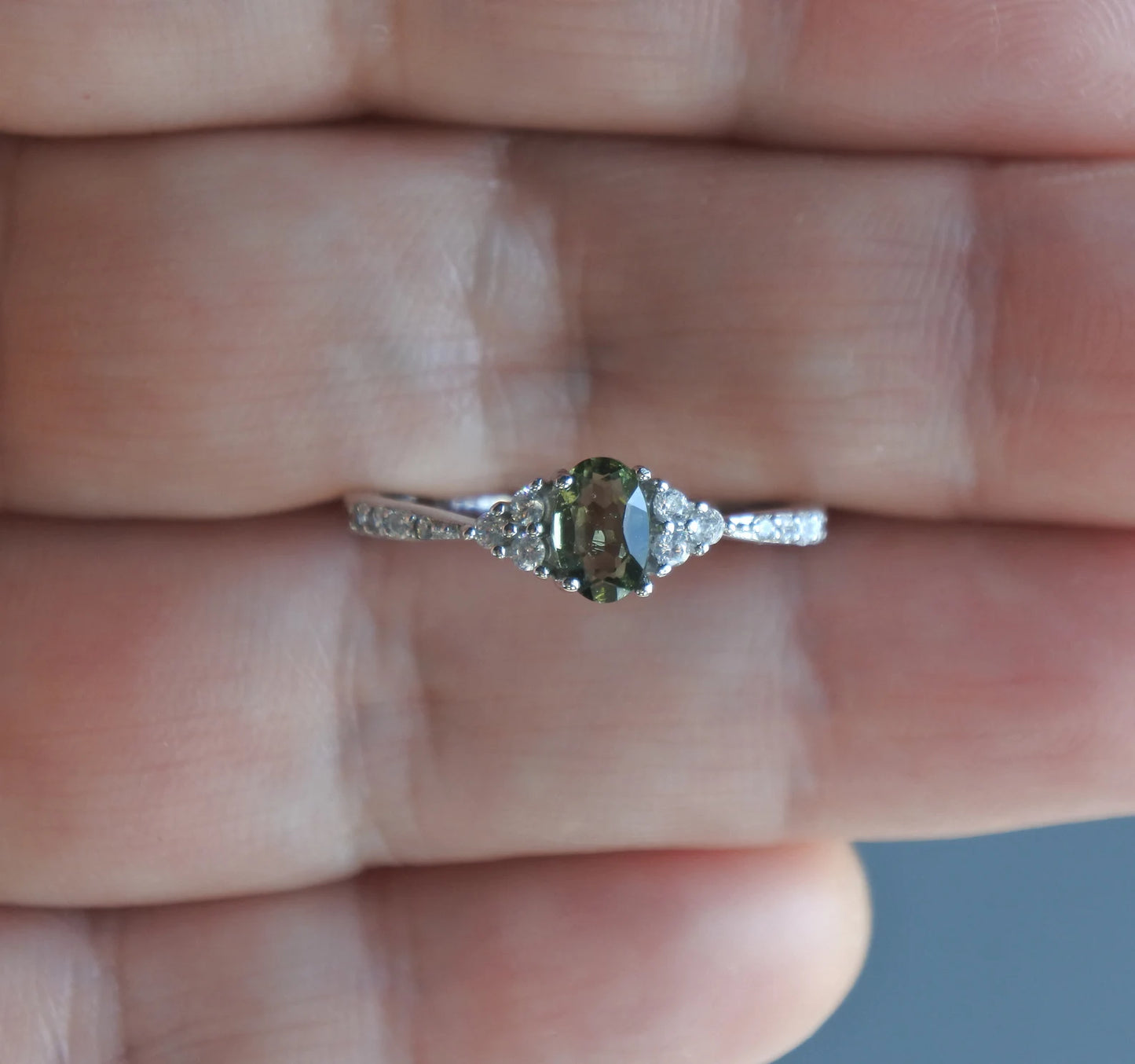 Silver Moldavite Ring 4x6 mm stone, Authentic Moldavite jewelry- Genuine Moldavite gemstone ring, Faceted moldavite ring real moldavite gift