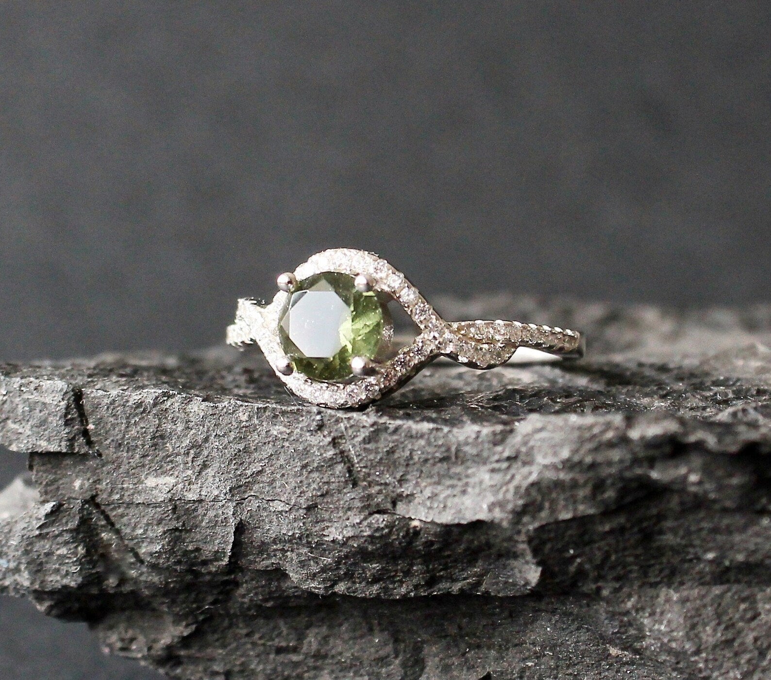 Faceted Princess Cut Czech Moldavite ring in deals Fancy Dome Band