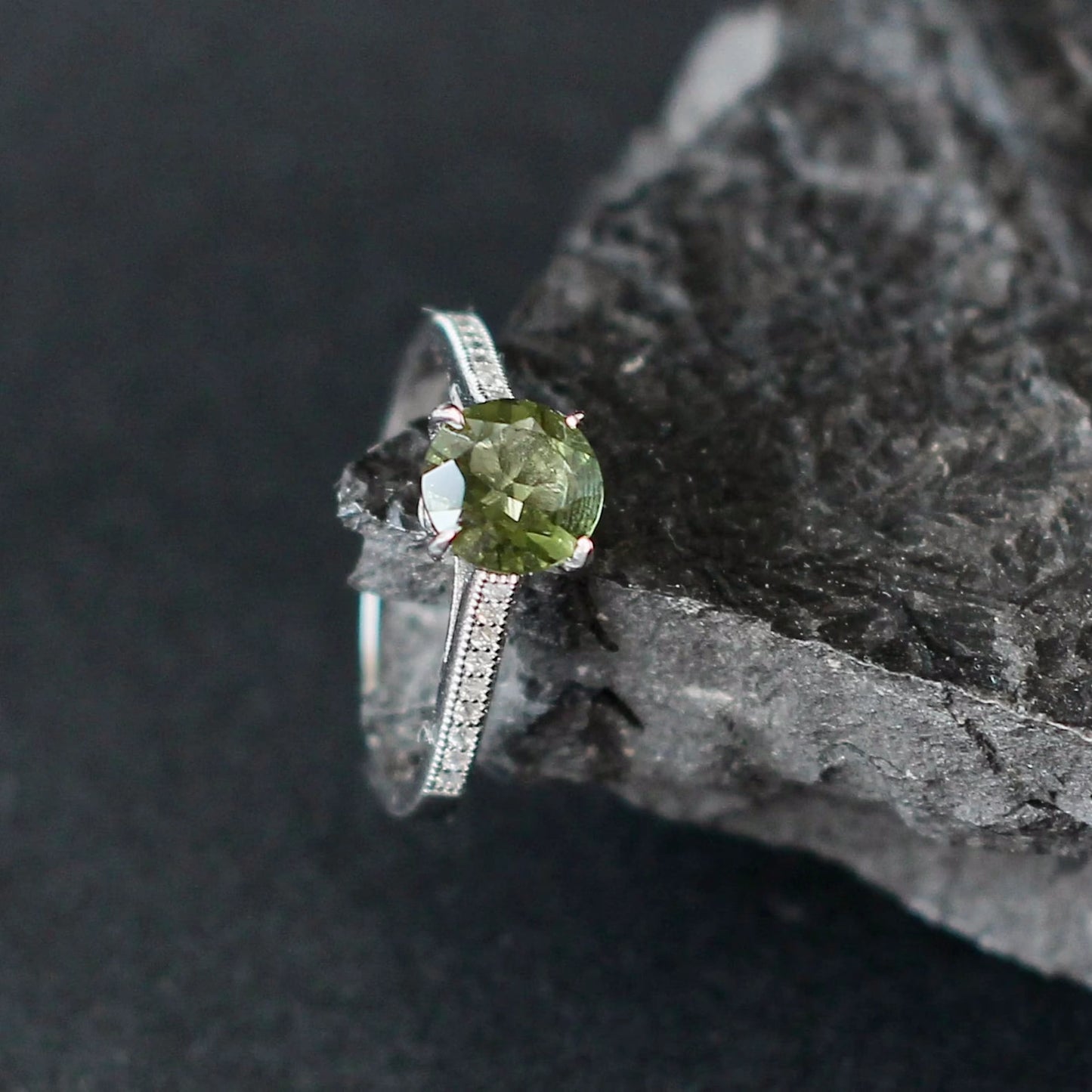 Silver Moldavite Ring 7 mm stone, Authentic Moldavite jewelry- Czech Genuine Moldavite gemstone ring, Faceted moldavite ring real moldavite