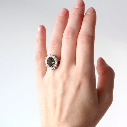 Silver Moldavite Ring 9.5x11.5 mm stone, Authentic Moldavite jewelry- Genuine Moldavite gemstone ring, Faceted moldavite ring real moldavite