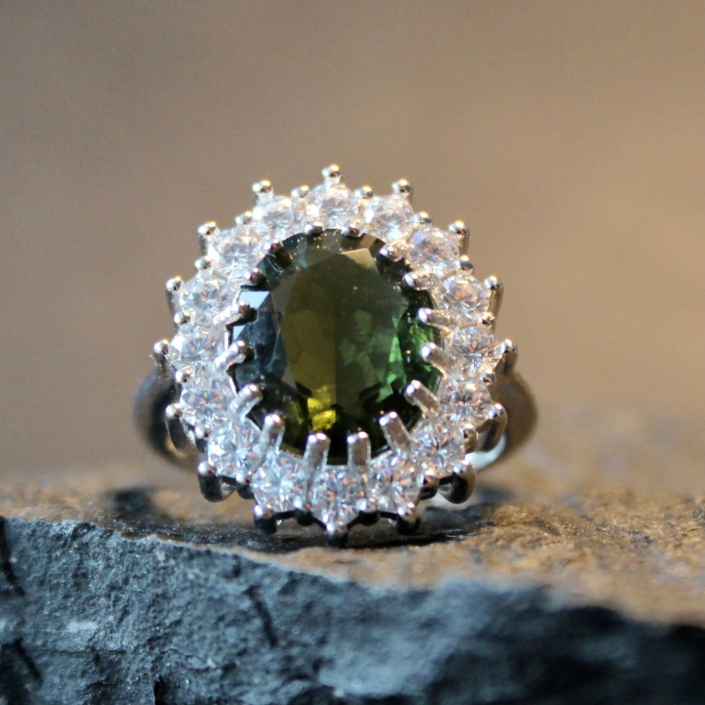 Silver Moldavite Ring 9.5x11.5 mm stone, Authentic Moldavite jewelry- Genuine Moldavite gemstone ring, Faceted moldavite ring real moldavite